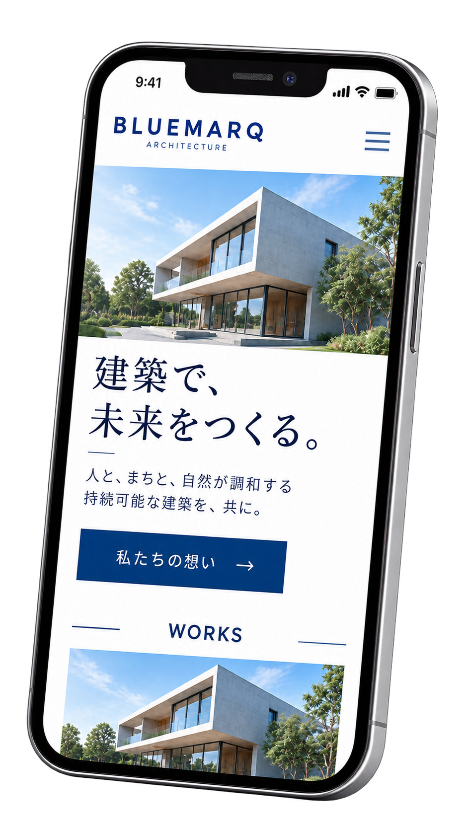 建築会社のホームページを表示したスマートフォンのモックアップ